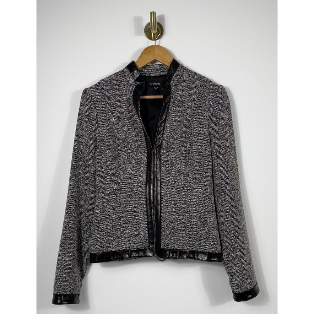 bebe Wool Blend Black/White Tweed Blazer Leather Trim